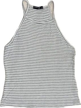 Popular Basics White & Gray Striped Ribbed High-Neck Tank Excellent Condition
